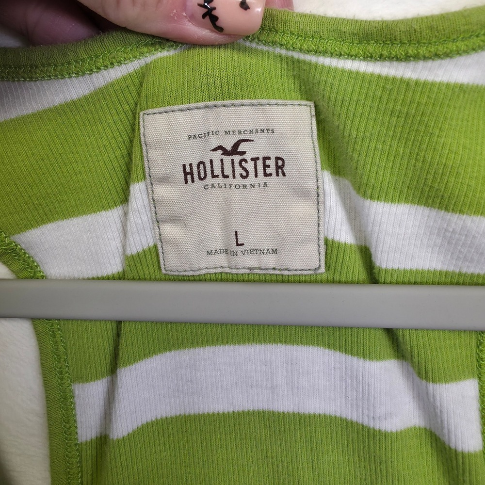 Y2K Hollister Tank Top Women L Green White Striped Knit Ribbed Racerback Stretch - Picture 7 of 14